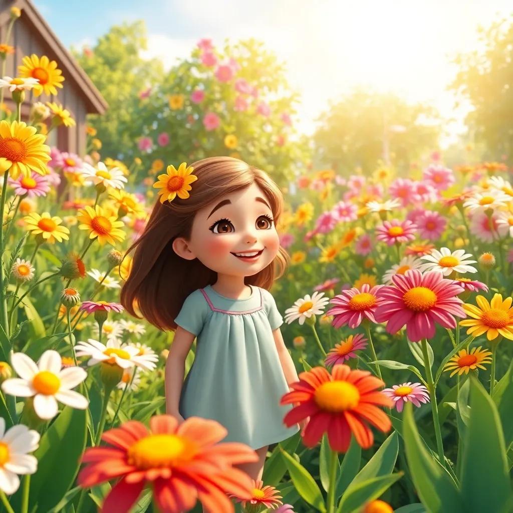 A sunny garden full of blooming flowers with bright colors, a young girl named Sara, playing and smiling, with the sun shining above, digital art, cheerful, inviting atmosphere, high quality