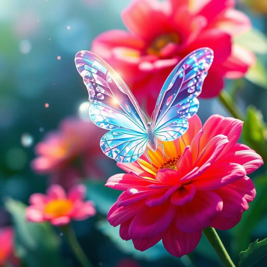 A beautiful crystal butterfly with sparkling wings, landing softly on a vibrant flower, bright colors, tiny sparkles in the air, magical atmosphere, detailed art, enchanting scene