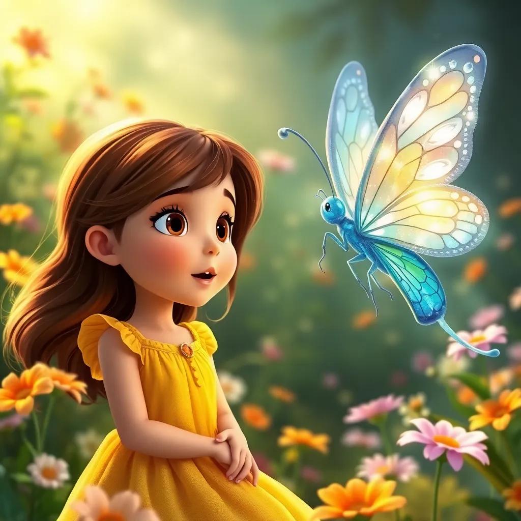 The crystal butterfly speaking to Sara, a young girl with brown hair wearing a yellow dress, looking amazed, surrounded by flowers, the garden glowing with magic, bright colors, heartwarming
