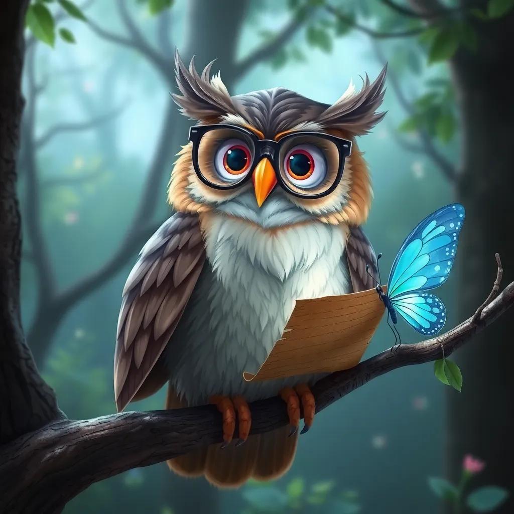 A wise old owl perched on a branch, wearing glasses, with an old scroll, sharing wisdom with the crystal butterfly, in a magical forest setting, digital art, detailed and whimsical
