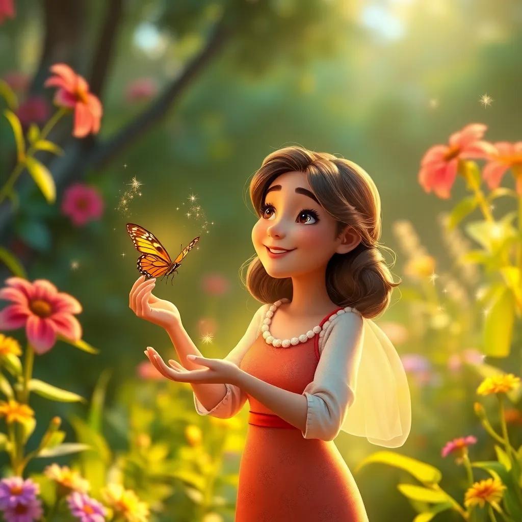 Sara, feeling inspired and glowing, standing in her garden, with the butterfly on her hand, a warm light surrounding them, with sparkling magic in the air, cheerful atmosphere, vibrant colors