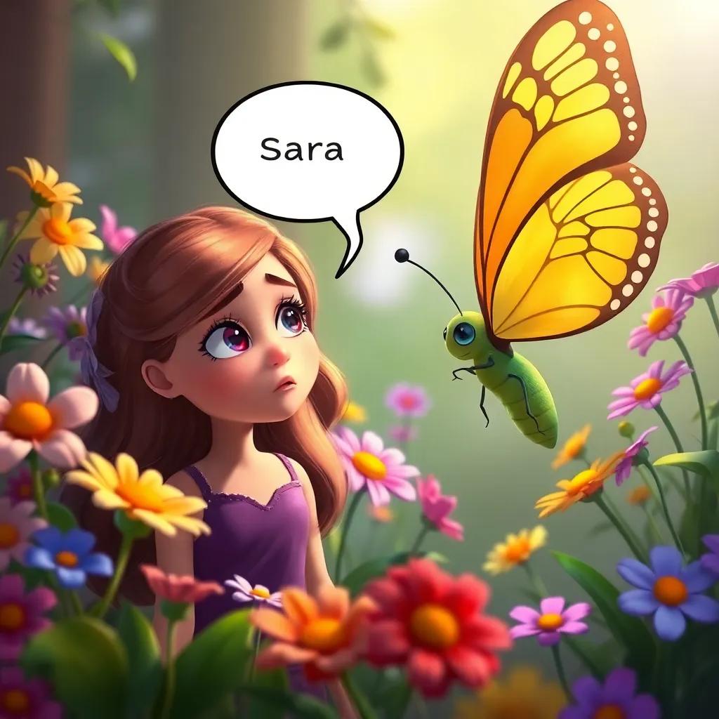 Sara looking worried, questioning the butterfly, the butterfly raising its wings, both characters having expressions of determination, surrounded by colorful flowers swaying gently, cozy setting, uplifting art
