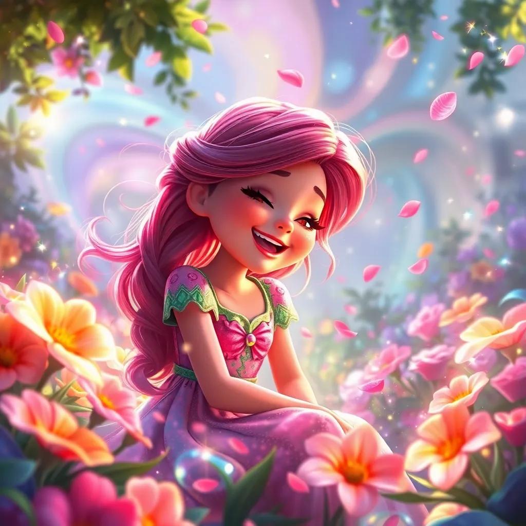 Sara's garden filled with swirling colors as her worries fade, laughter echoing, flower petals floating in the air, light sparkles creating a dreamy atmosphere, detailed digital art, magical scene