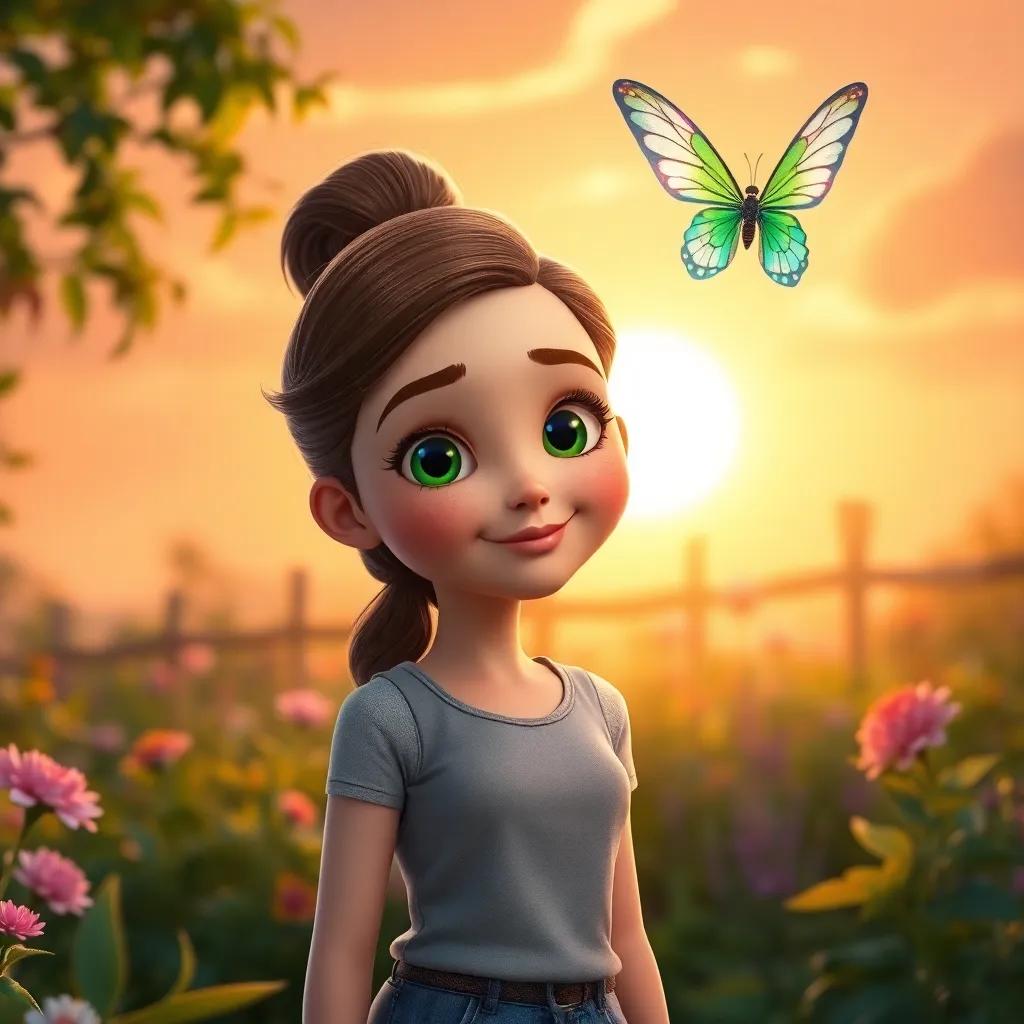 Sara confidently standing in her garden, eyes bright with determination, the crystal butterfly flying above her, a warm sunset in the background, beautiful light, inspiring imagery, high quality
