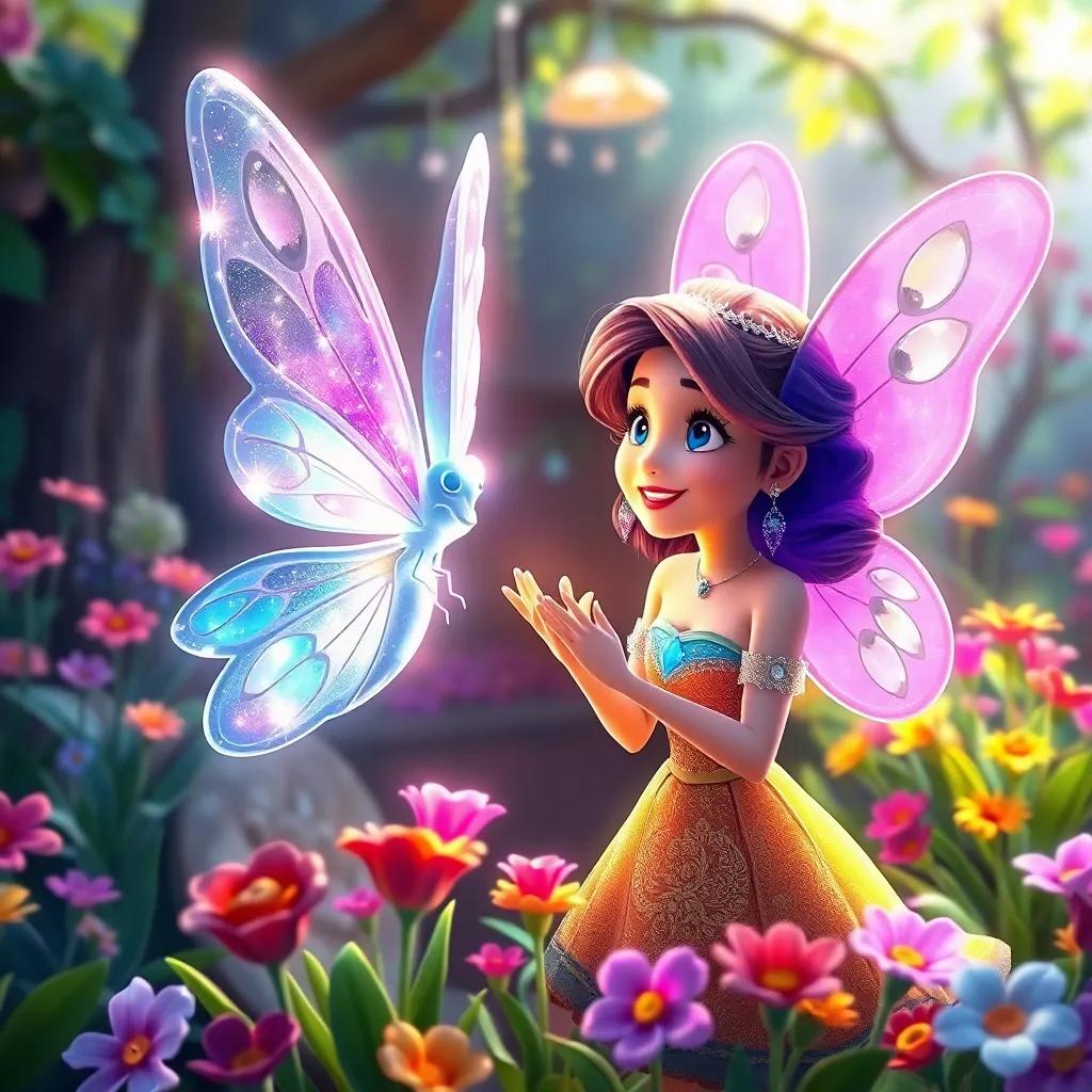 The crystal butterfly telling one last tale, glowing with light, Sara smiling, both characters filled with joy and friendship, surrounded by a colorful garden, digital art, heartwarming scene
