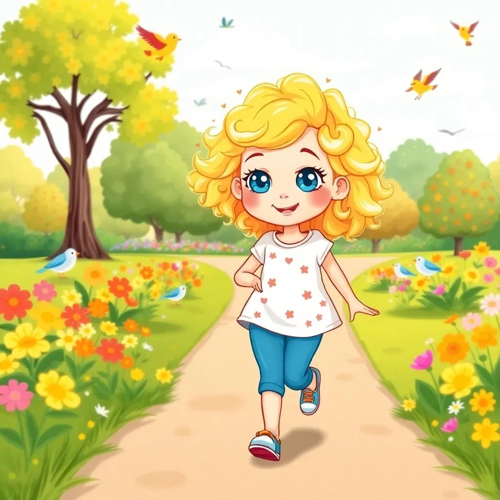 A 5-year-old girl, Lily, with bright blue eyes and curly blonde hair, skipping through a sunny park filled with flowers and birds, illustration, cheerful, vibrant colors, child-friendly, high quality