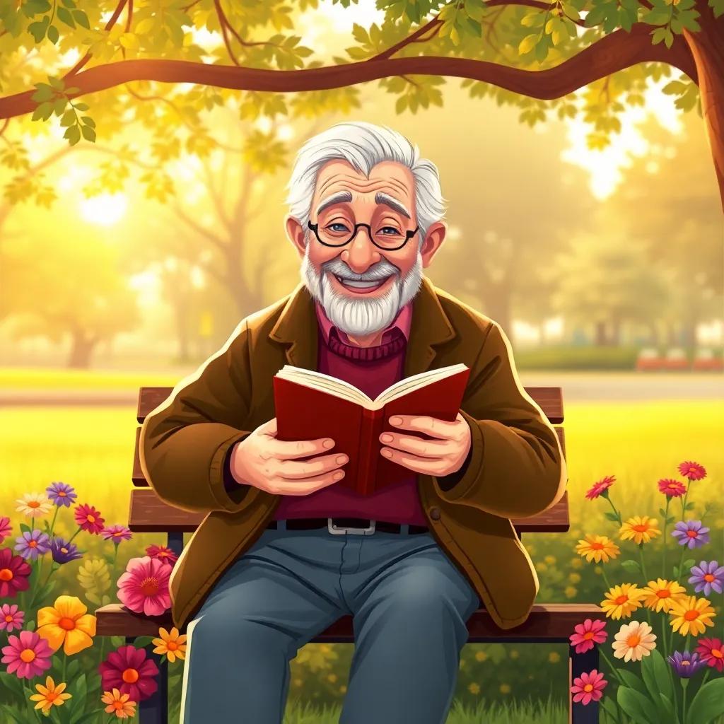 An old man, with a kind smile sitting on a bench in a park, reading a book, surrounded by colorful flowers, soft golden sunset light, warm and inviting atmosphere, high quality