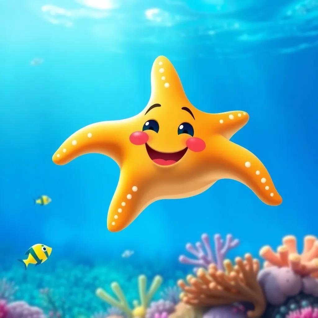 A happy starfish with bright colors, Sammy the Starfish, swimming in clear blue water, surrounded by small fish and coral, cheerful atmosphere, playful