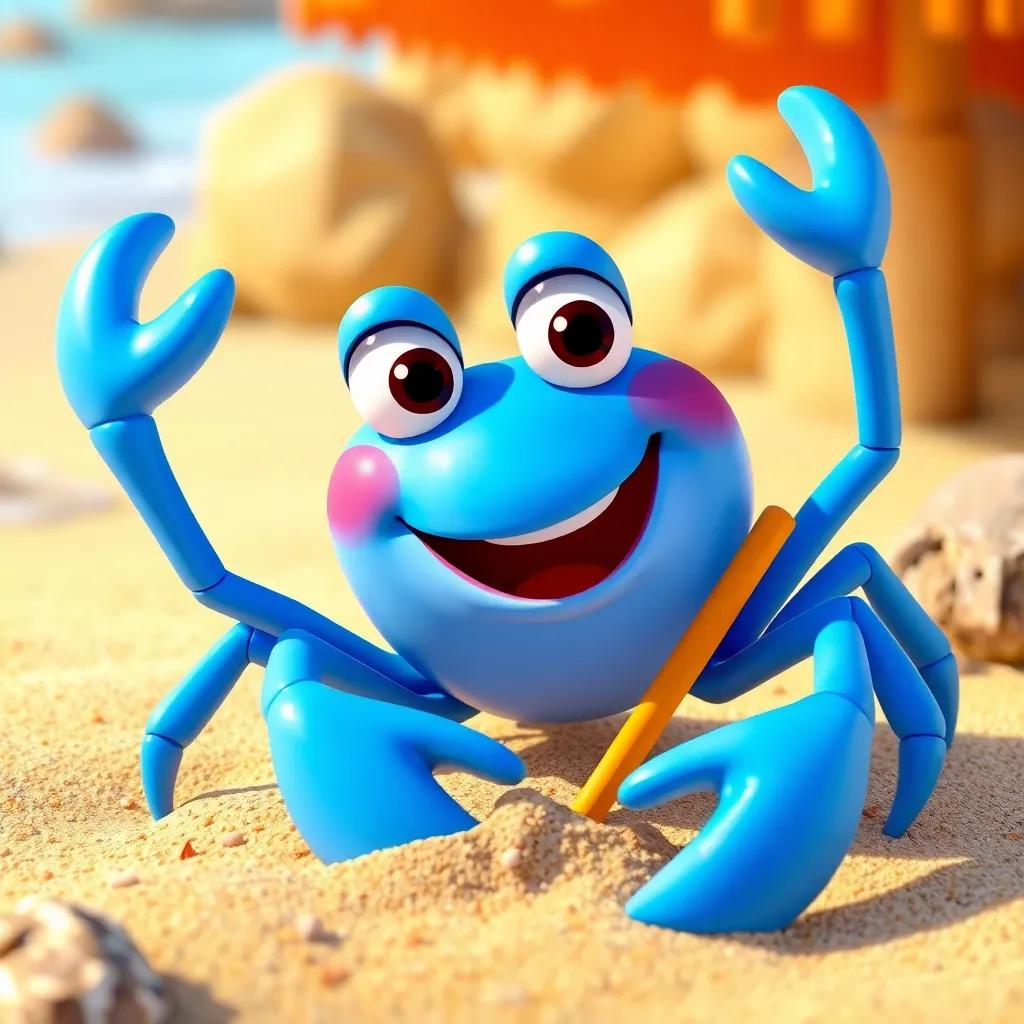 A blue crab, Benny, digging in the sand, smiling and waving, with a beach background, colorful, inviting, with bright daylight