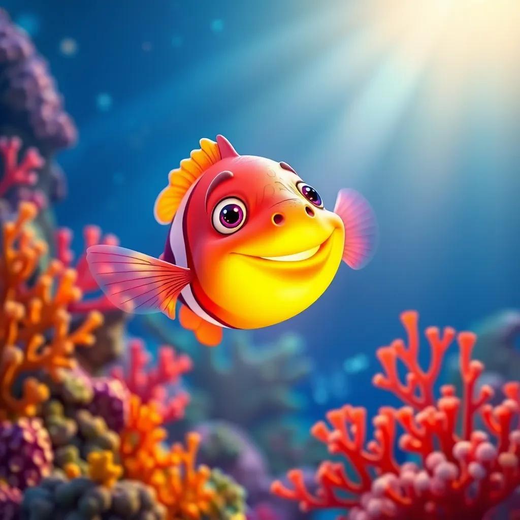 A glowing lanternfish, Lila, illuminating a colorful coral reef, vibrant colors and dancing coral, warm light, joyful atmosphere