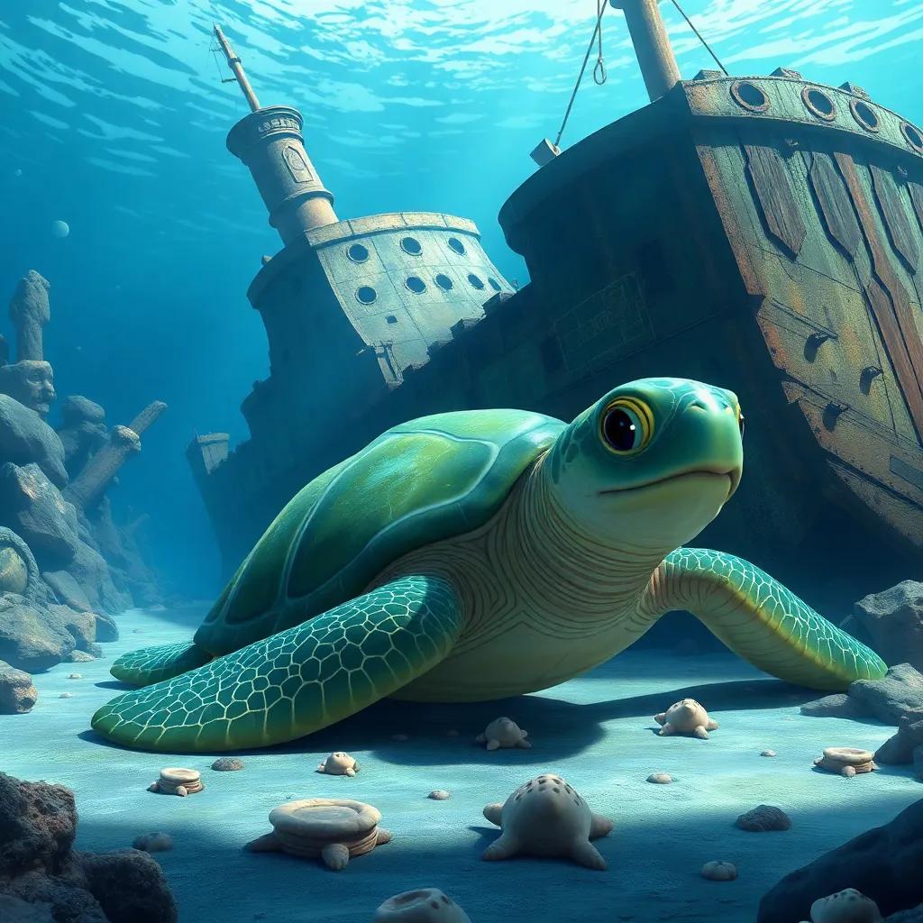 A wise giant sea turtle, Gary, resting next to a huge shipwreck, underwater scenery, detailed, inviting, with friends around