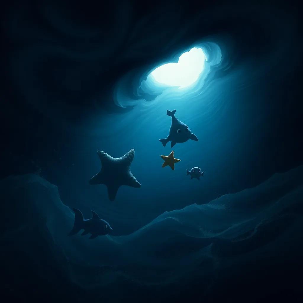 A dark ocean scene with swirling water, Sammy the Starfish and friends swimming together through the shadows, mysterious, tense atmosphere