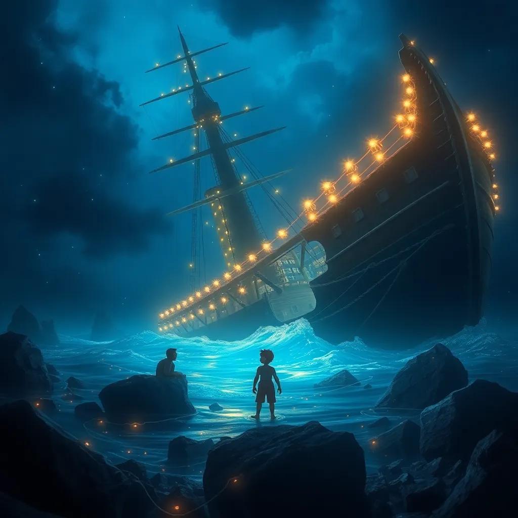 A big shipwreck, dark and enchanting, with Sammy calling out to his family, surrounded by shimmering lights, full of hope