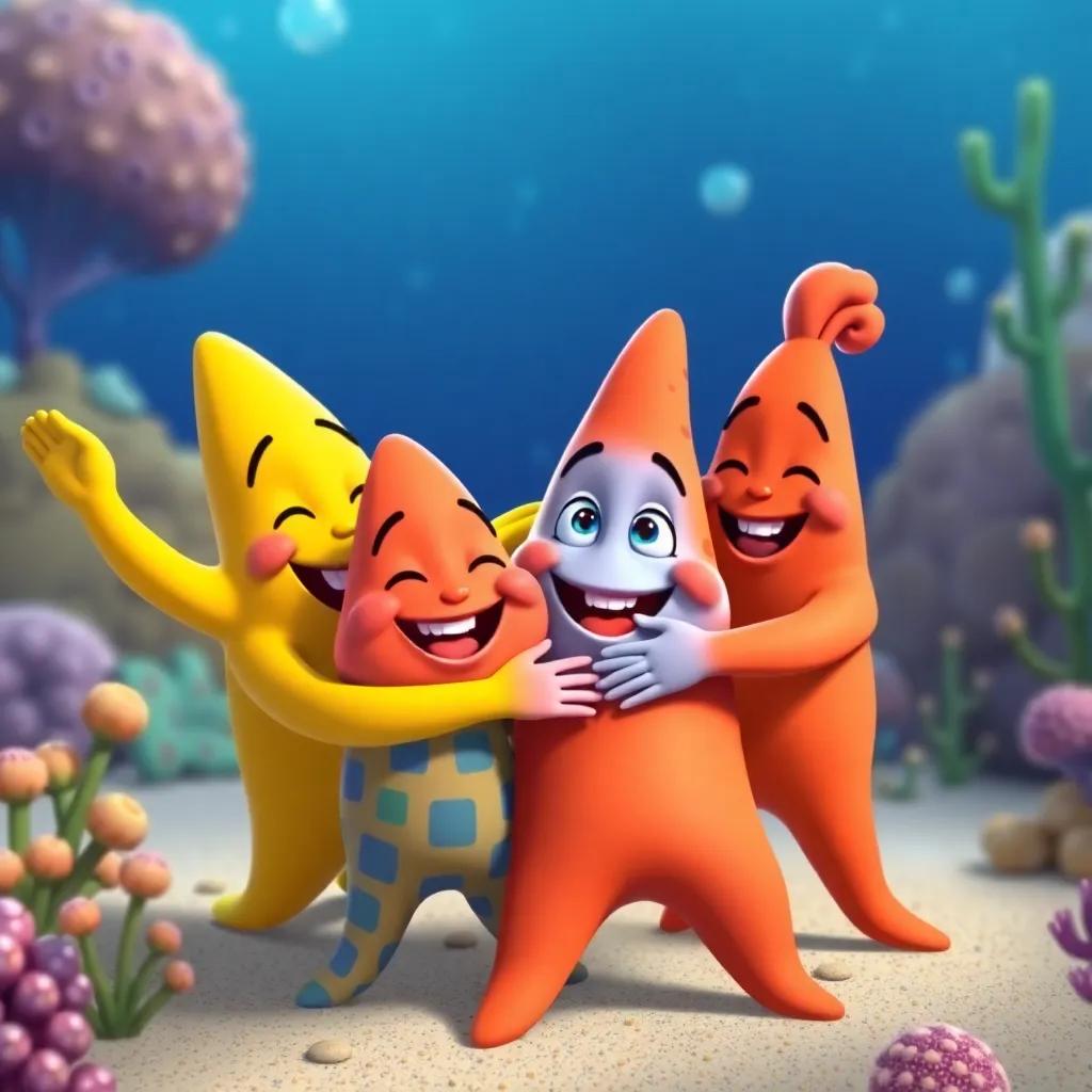 A joyous reunion with Sammy's family, colorful starfish hugging and smiling, lively underwater setting, warm and friendly