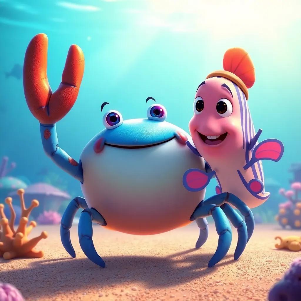 Benny the Blue Crab and Lila the Lanternfish waving goodbye, Sammy's family smiling in the back, bright underwater light, cheerful atmosphere