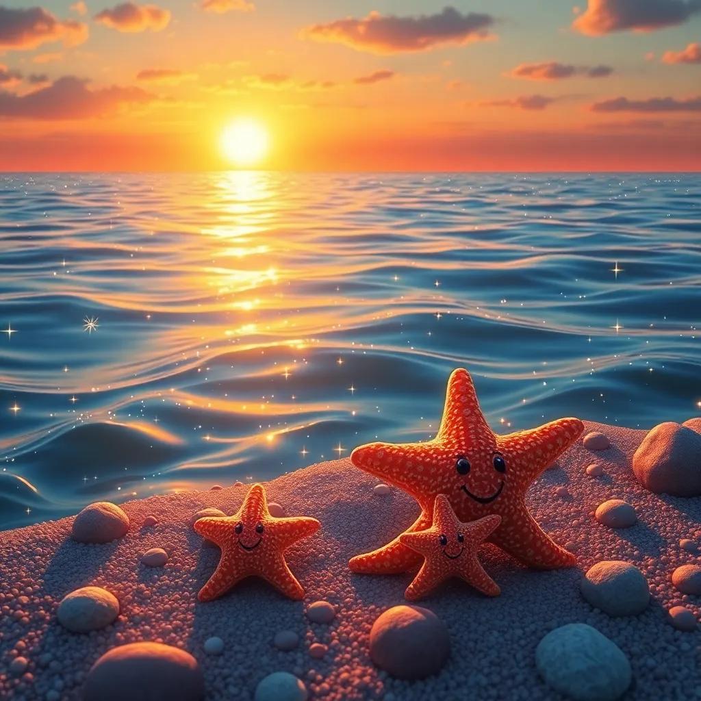 A sparkling ocean view during sunset, a happy starfish family playing together, rich colors and warm light, uplifting