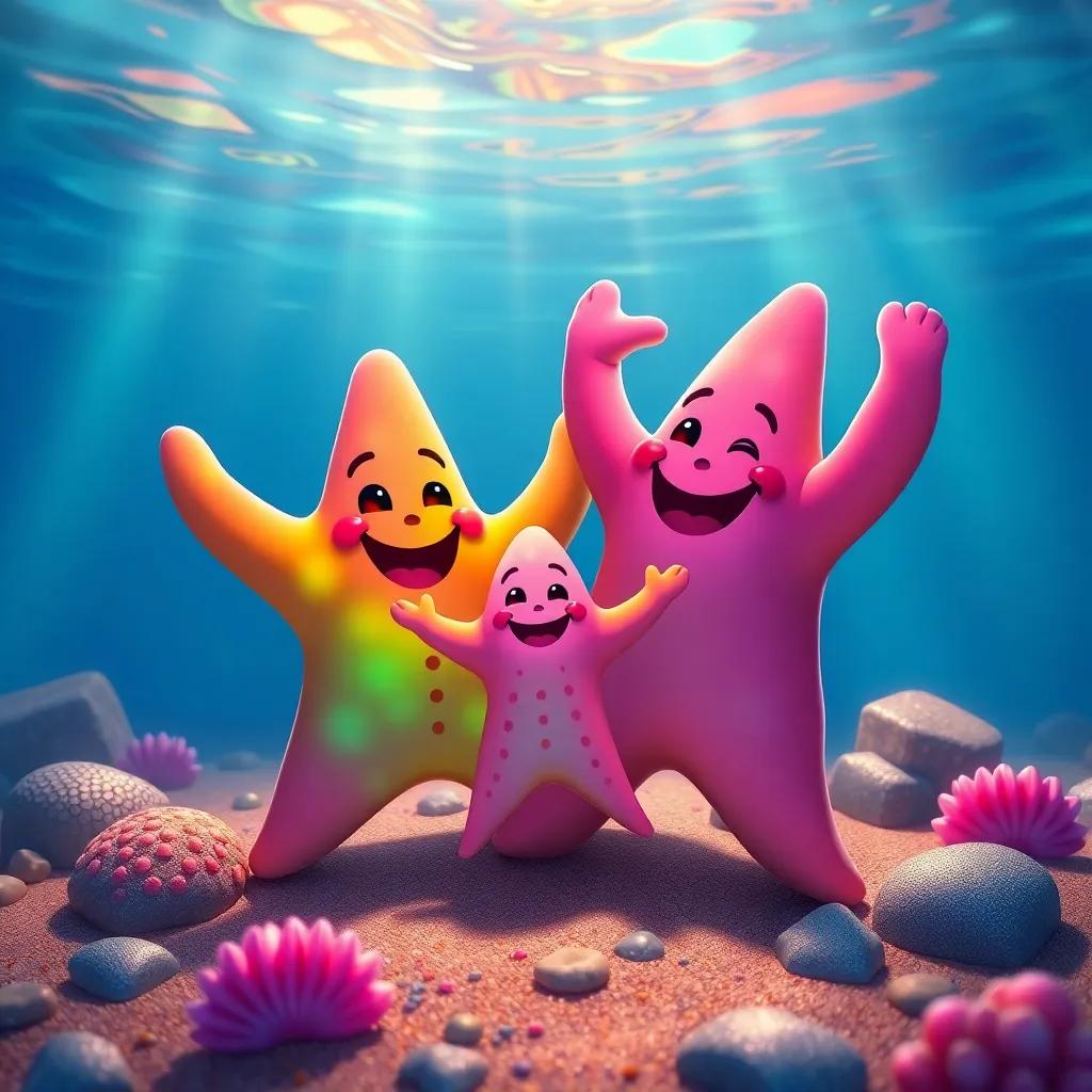 A happy starfish family celebrating, with rainbow colors reflecting in the water, joyful togetherness and love, bright and heartwarming.