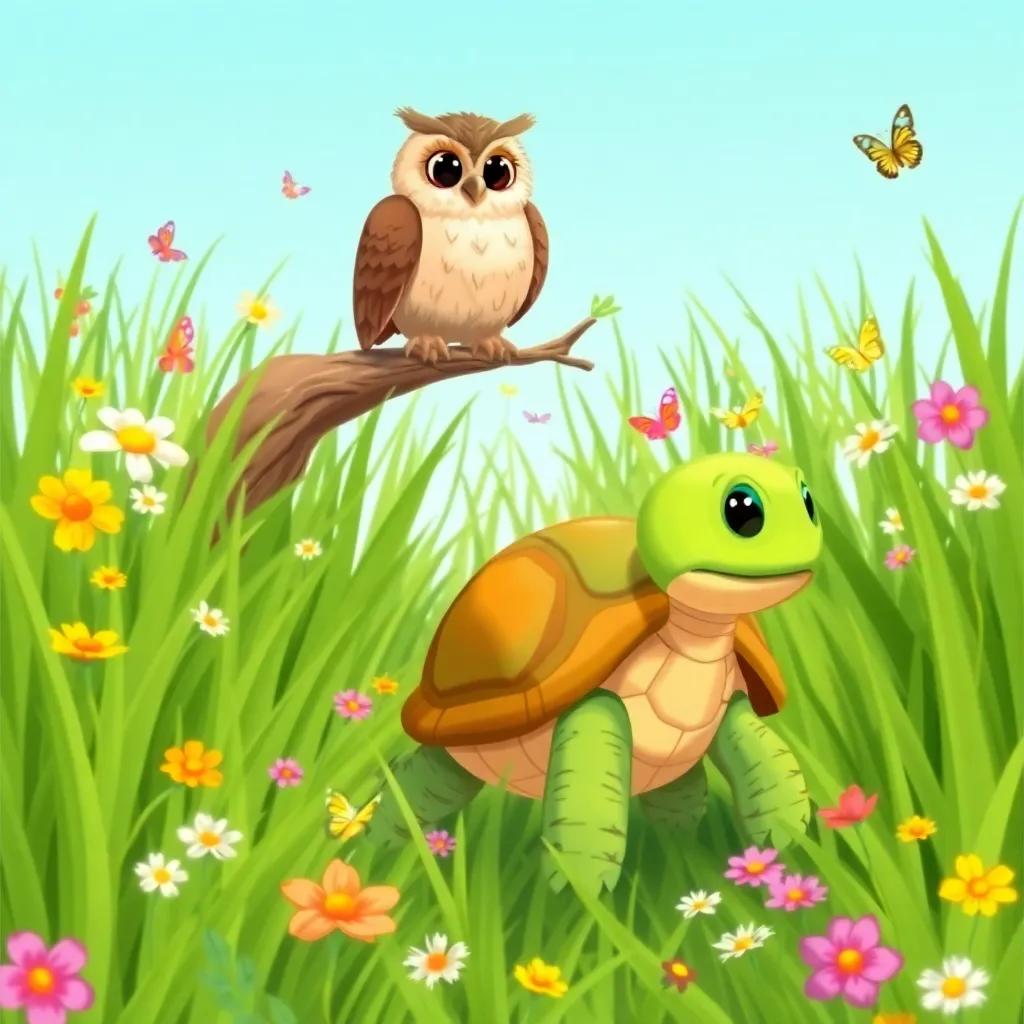 A curious turtle named Timmy waddling through tall green grass, surrounded by flowers and butterflies, meeting a wise old owl sitting on a branch above, bright blue sky, cheerful, whimsical style, illustration, colorful