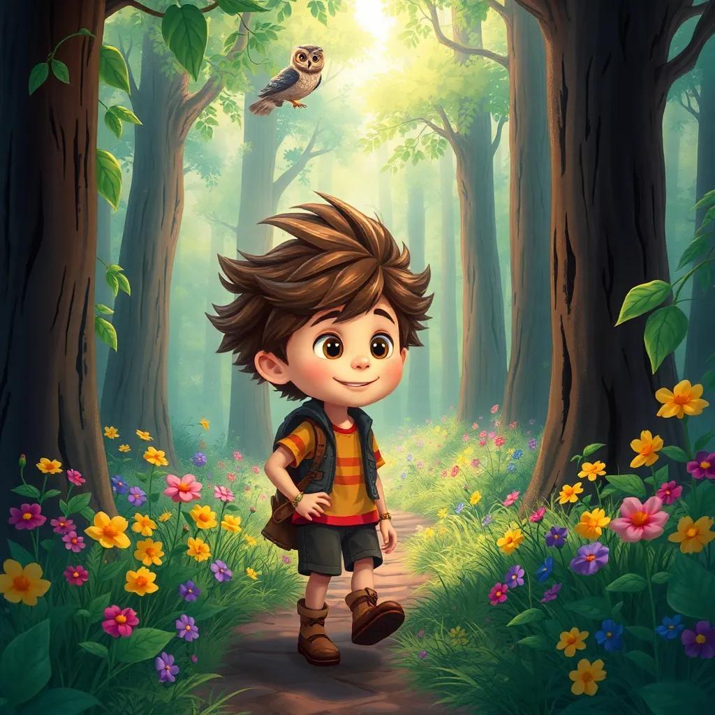 Benny, a young boy with wild, curly hair, charting a path through the Enchanted Woods, colorful flowers blooming around him, tall trees with whispering leaves, dreamlike, rich colors, inviting magical feel. A wise old owl can be seen high up in the trees, detailed illustration, enchanting forest environment, high quality