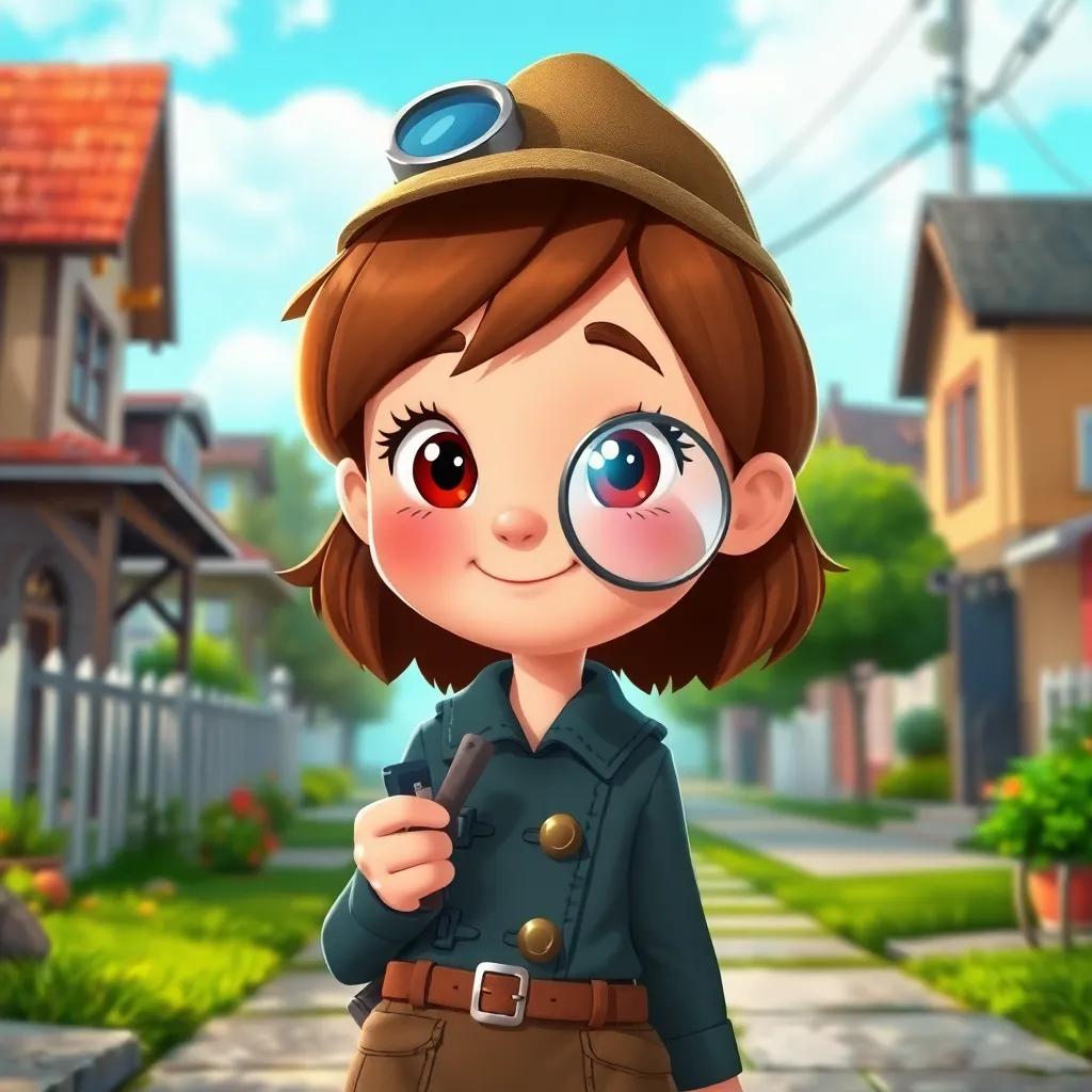 A young girl, Detective Lola, with short brown hair, wearing a detective hat and holding a magnifying glass, standing in front of a quiet neighborhood, digital art, vibrant colors, cheerful atmosphere, high quality