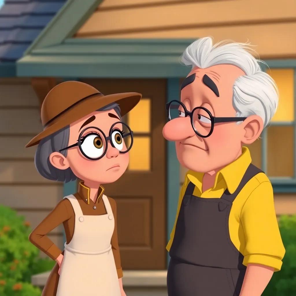Detective Lola talking to an older man, Mr. Baker, with gray hair and glasses, wearing an apron and concern on his face, outside his cozy house, illustration, warm colors, engaging scene, high quality