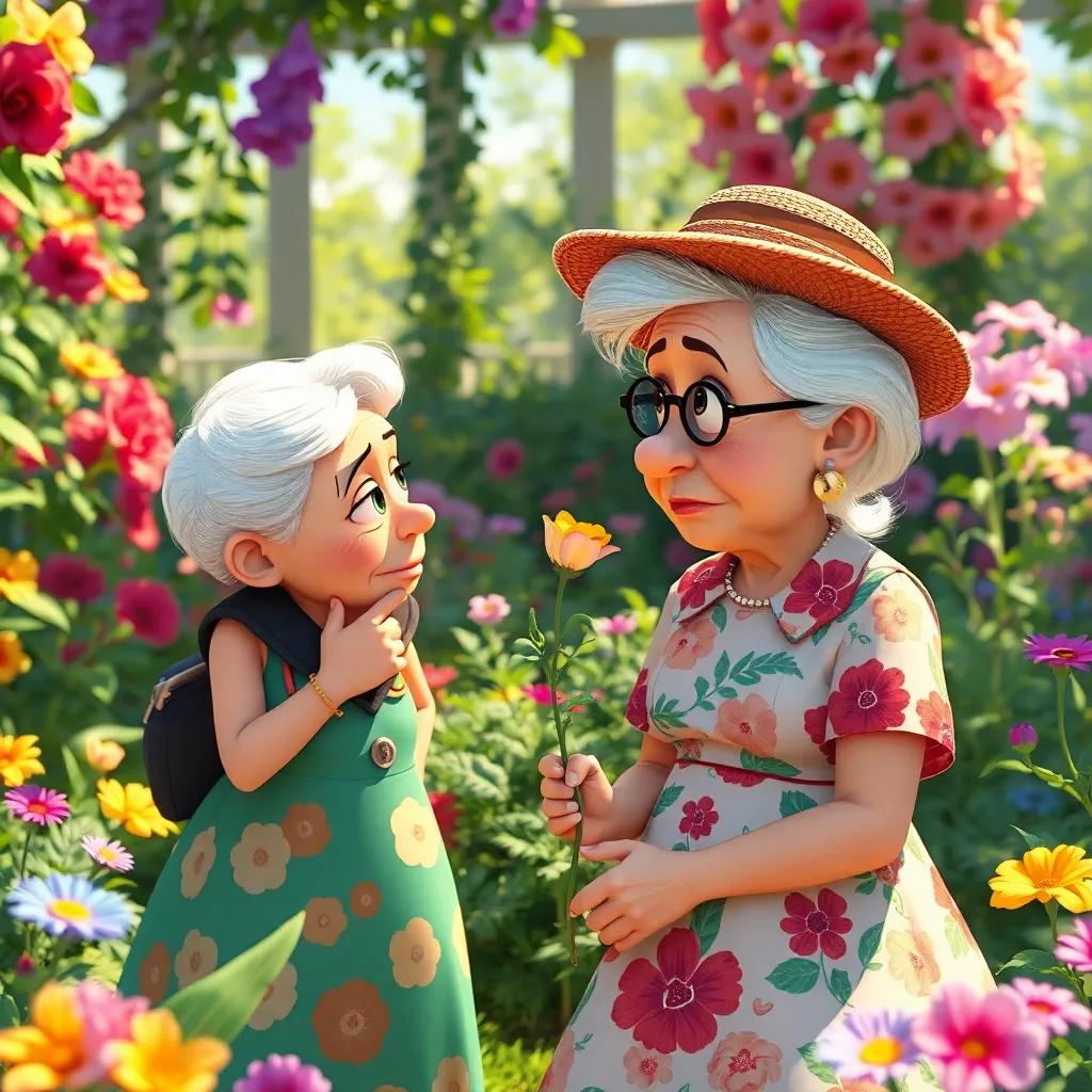 Detective Lola chatting with a kind old woman, Mrs. Green, with white hair and a floral dress, holding a flower while looking sad in her colorful garden, bright sunlight, digital painting, heartwarming, detailed