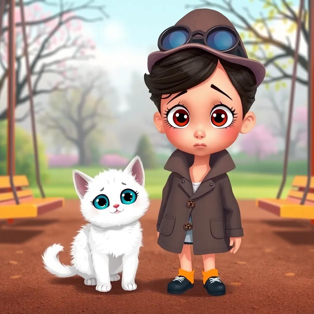Detective Lola looking worried with her fluffy kitten, Whiskers, who has white fur and big blue eyes, standing at the park playground, surrounded by empty swings, illustration, bright and playful, high quality