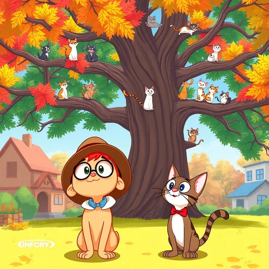 Detective Lola and Whiskers looking up with surprise at a big oak tree with colorful leaves, where all neighborhood cats are playing happily on the branches, cheerful illustration, sunny day, high quality