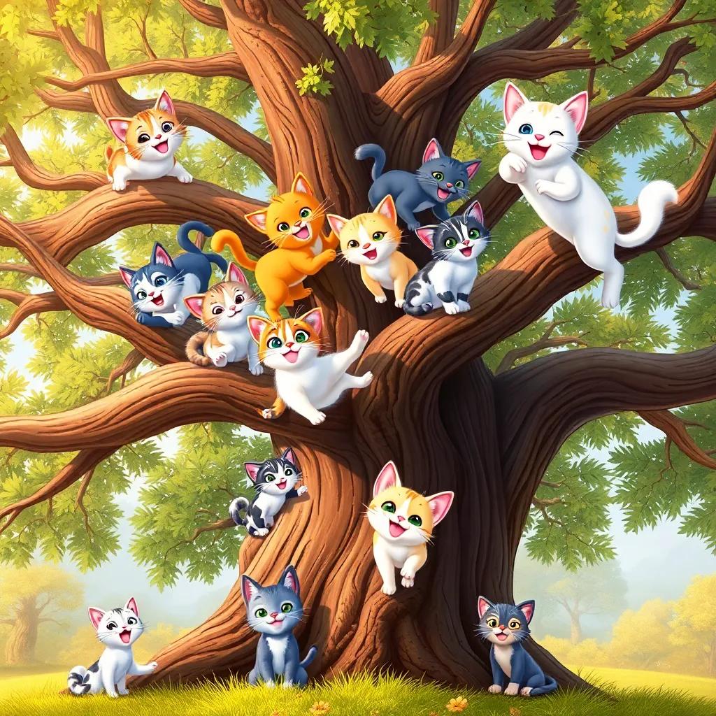 A group of colorful cats, including Muffin and Snowball, playing joyfully on the branches of the oak tree, with Lola and Whiskers smiling at the bottom, warm and inviting, digital art, bright colors, high quality