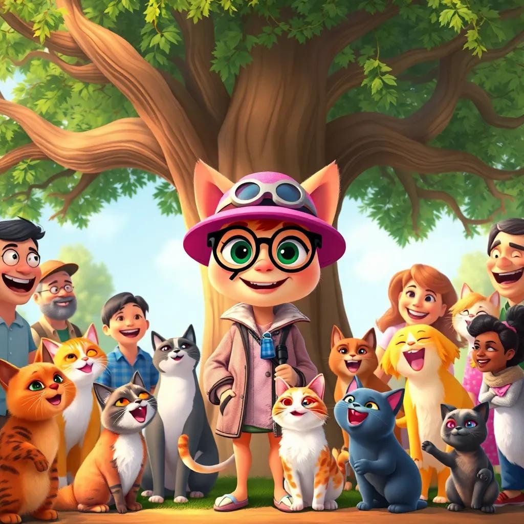 Detective Lola with a big smile standing with all the cats and their owners around her, under the oak tree, everyone cheerfully smiling and laughing, vibrant community scene, digital painting, uplifting