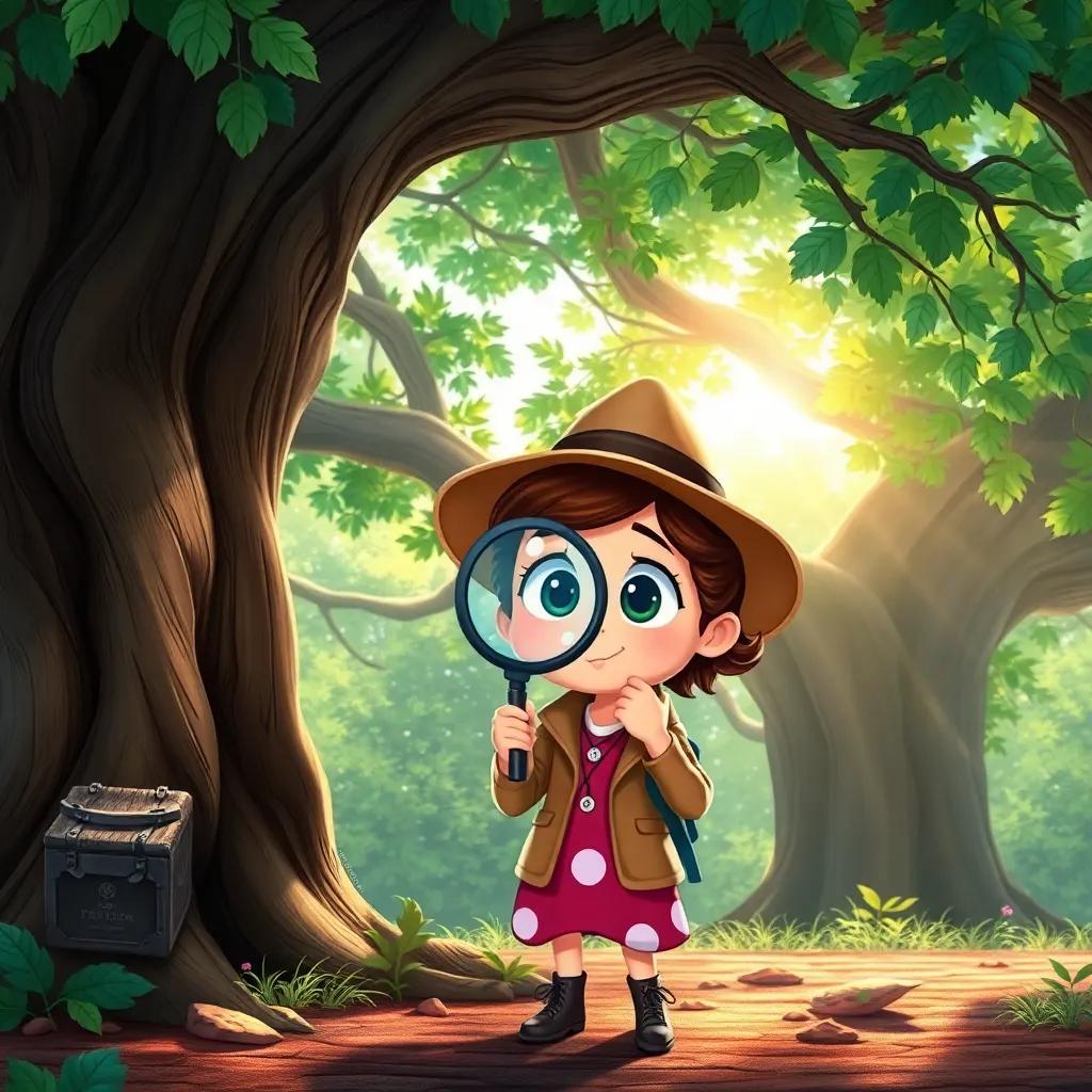 Detective Lola checking the old oak tree with her magnifying glass, adventurous look on her face, sunlight filtering through leaves, enchanting illustration, vibrant and engaging
