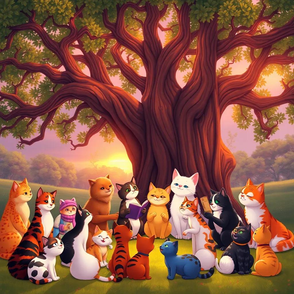 All the cats and their families gathered under the oak tree, sharing stories as the sun sets, creating a warm sense of community, colorful digital art, joyful atmosphere, high quality