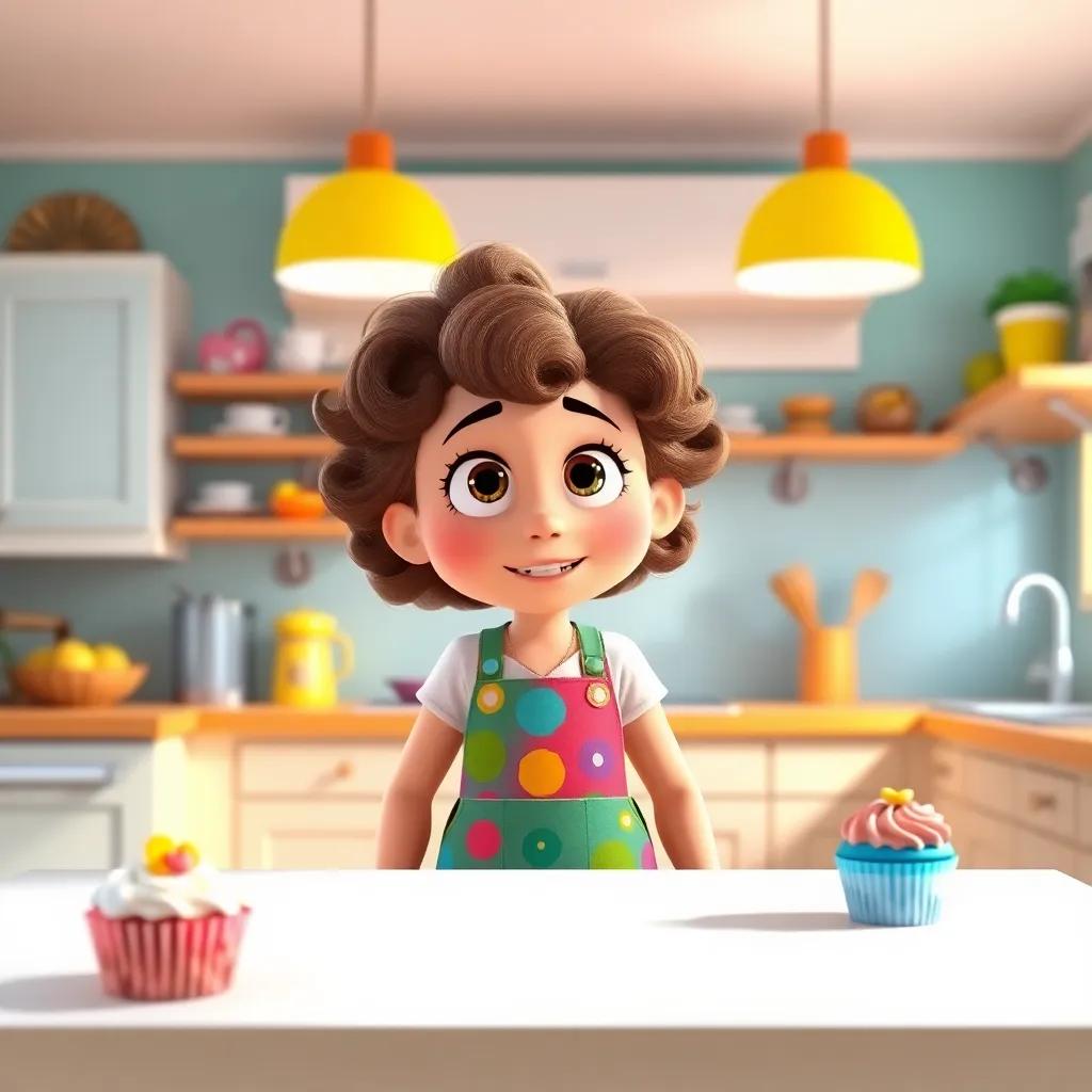 Sally, a cheerful girl with curly brown hair, wearing a colorful apron, standing in a bright kitchen with pops of color from cupcake decorations, looking shocked at an empty table, digital art, vibrant colors, warm atmosphere, inviting