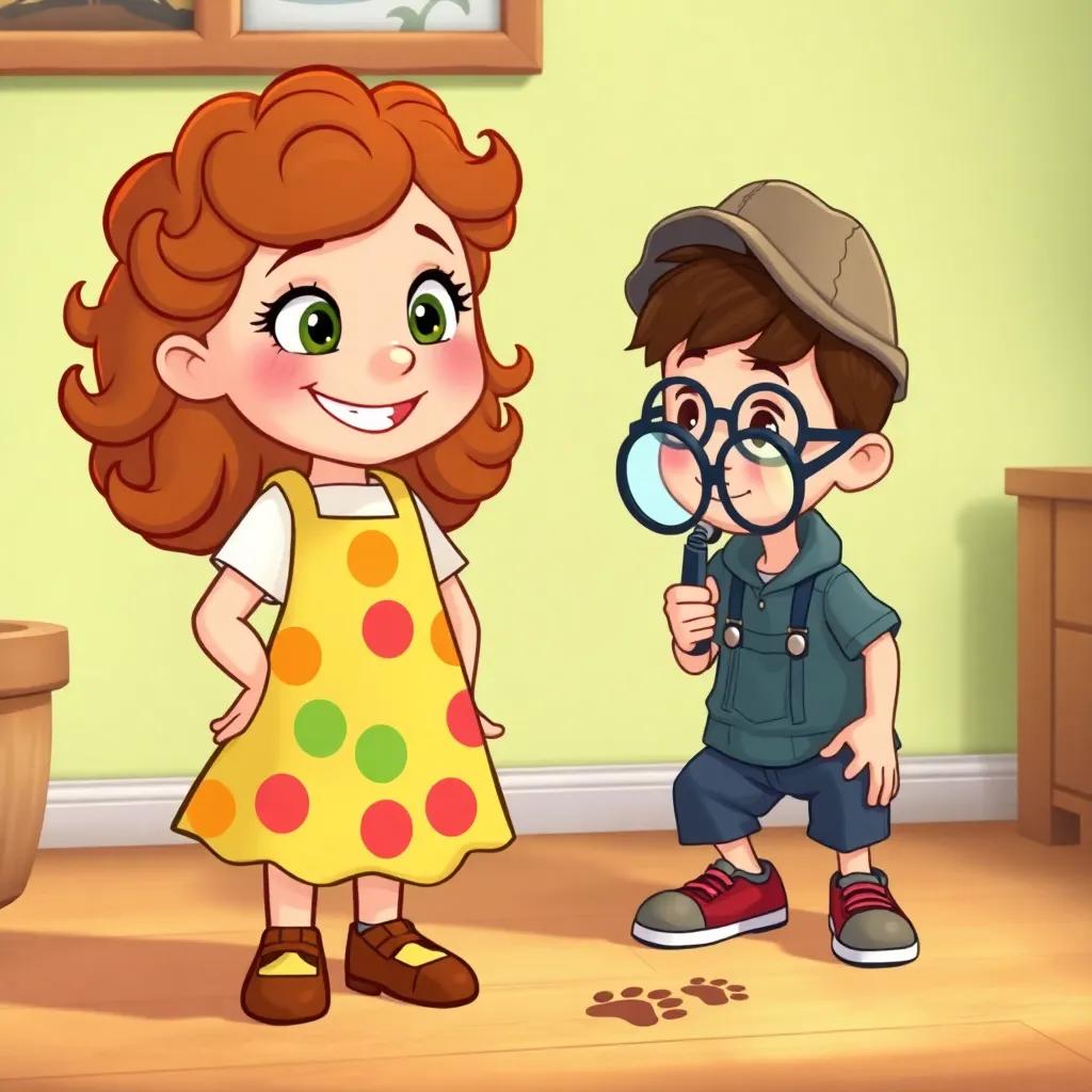 Sally, a cheerful girl with curly brown hair, wearing a colorful apron, talking to Max, a determined boy with glasses, wearing a detective hat, looking at paw prints on the floor with magnifying glass, cheerful style, colorful, child-friendly