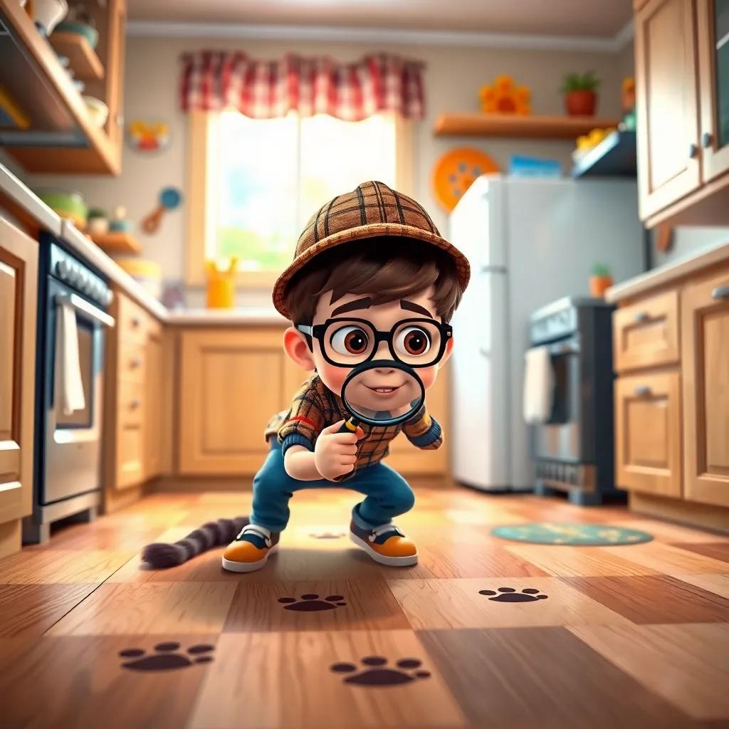 Max, a determined boy with glasses and a detective hat, investigating the kitchen floor with a magnifying glass, focusing on raccoon paw prints, the kitchen bright and playful, colorful details, warm ambiance, child-friendly