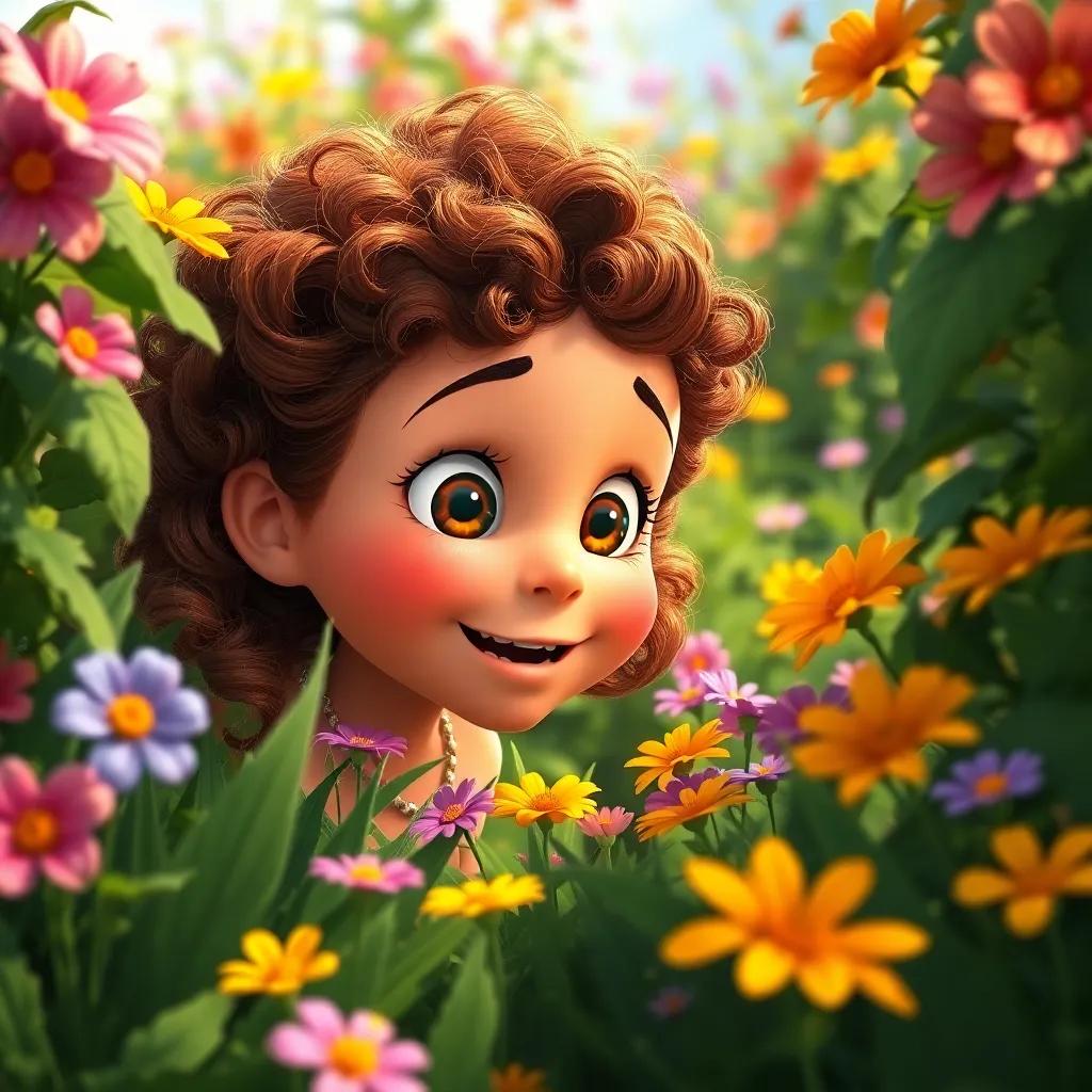 Sally, a curious girl with curly brown hair, peeking through bushes in a bright garden, her face excited, with colorful flowers surrounding her, whispering to Max, adventure-themed, vibrant, child-friendly