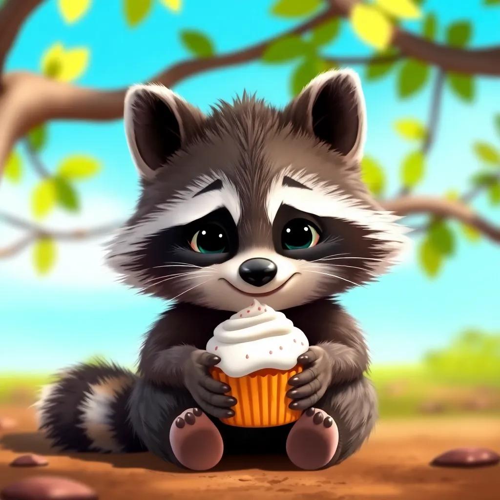 A mischievous raccoon with a fluffy tail, peacefully munching on a cupcake with frosting on its paws, sitting under a tree with bright blue sky, child-friendly, playful expression, colorful, joyful atmosphere