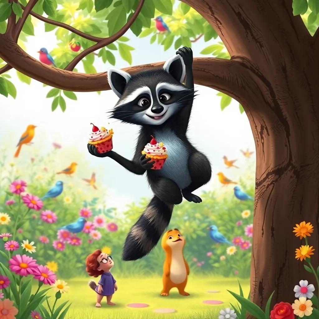A cheeky raccoon climbing a tree branch with half-eaten cupcakes in its paws, Sally and Max watching in awe below, garden background filled with flowers and birds, cheerful scene, colorful, child-safe