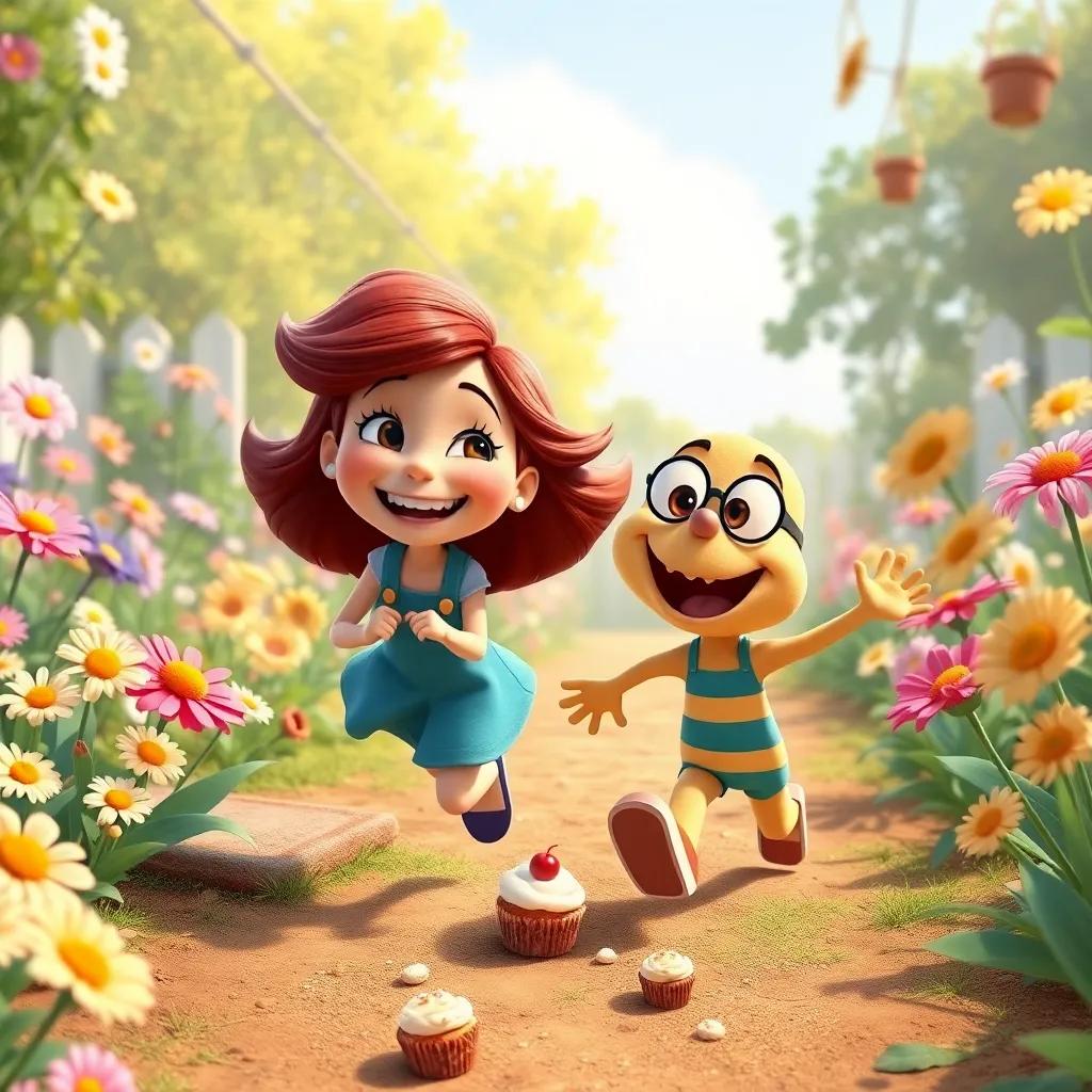 Sally and Max, full of excitement and laughter, making a trail of cupcake crumbs in the garden, filled with flowers and sunshine, child-friendly, vibrant, fun, inviting