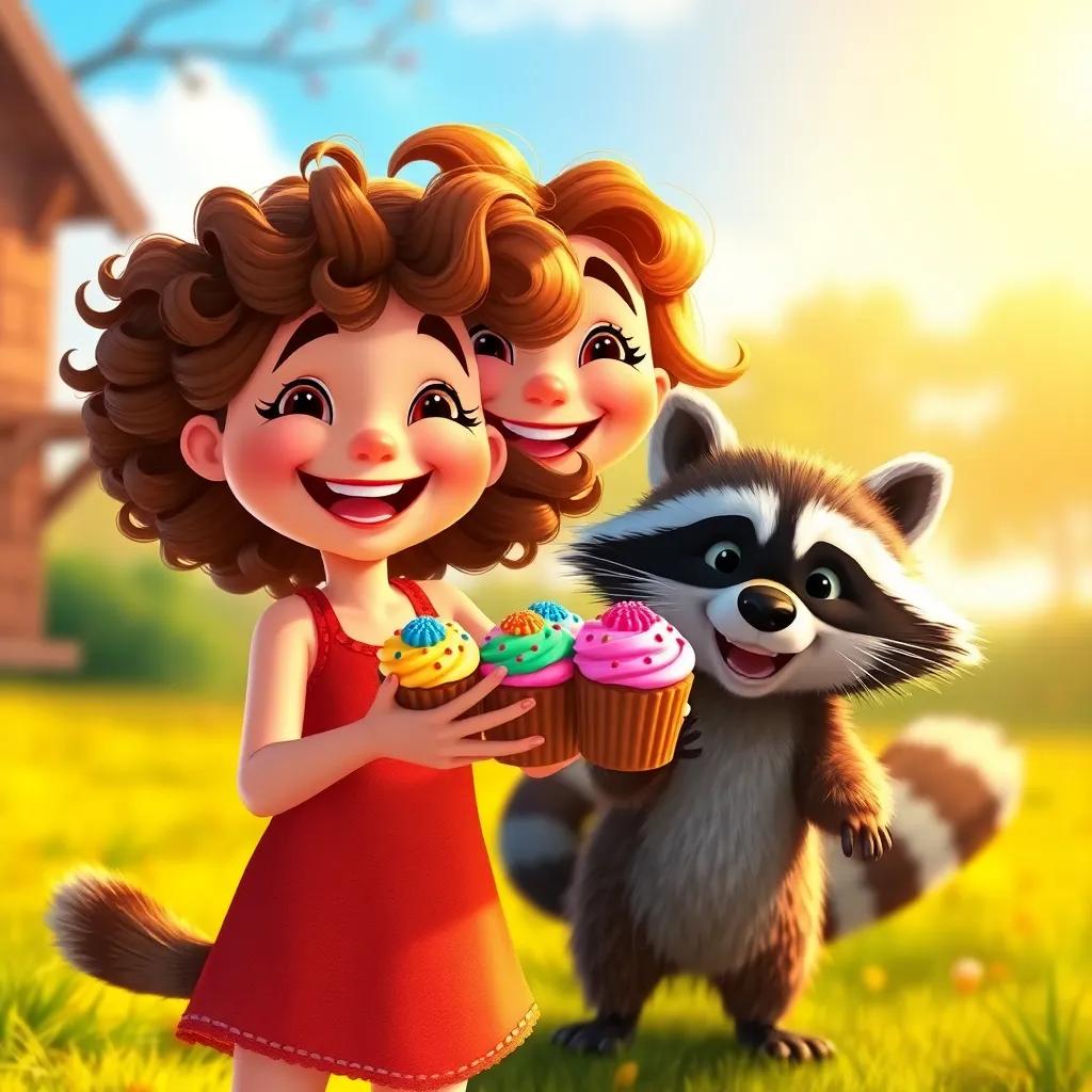 Sally, a cheerful girl with curly brown hair, happily grabbing her colorful cupcakes back from the raccoon, while Max cheers beside her, warm sunlight shining, joyful atmosphere, colorful