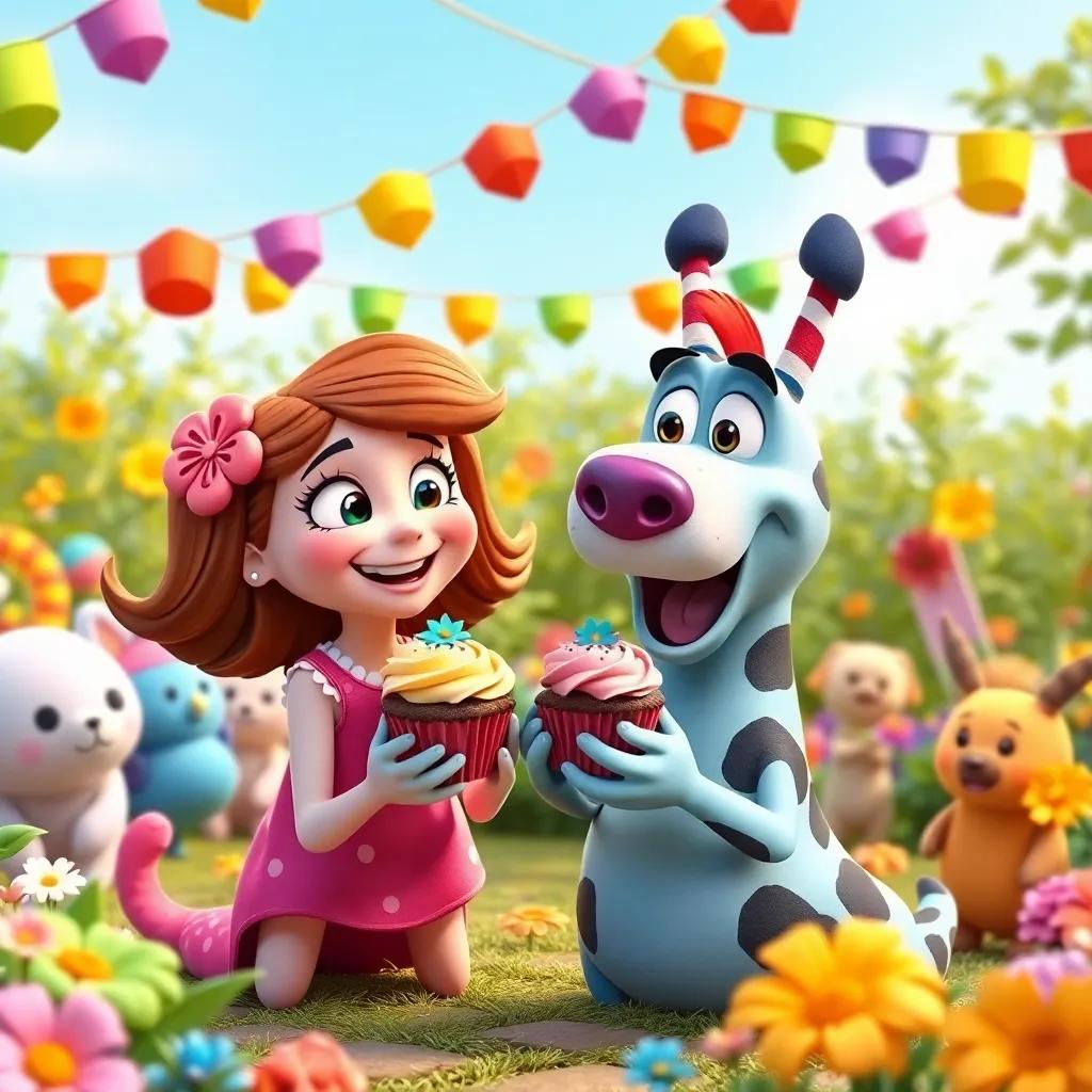 Sally and Max celebrating together with their rescued cupcakes, surrounded by colorful decorations in the garden with friends, filled with happiness, vibrant colors, cheerful scene