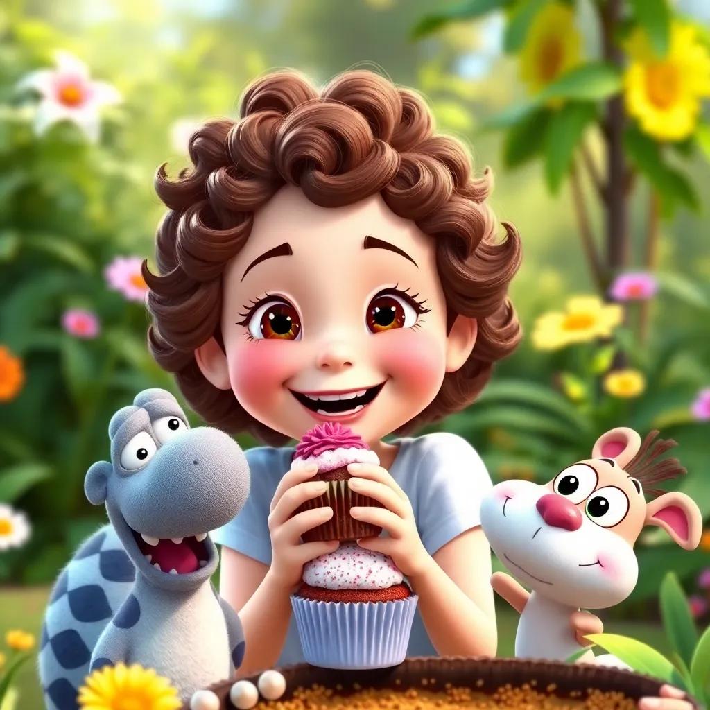 Sally, a cheerful girl with curly brown hair, enjoying a cupcake with Max and their friends in the garden, smiling and having fun, bright and colorful, child-friendly