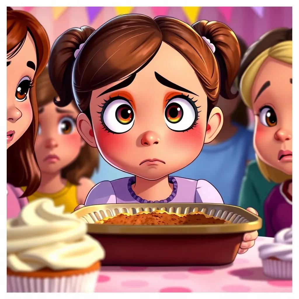 A worried girl, Bella, looking at her partly empty cupcake tray with wide eyes, surrounded by her friends, an expression of curiosity on her face, collective concern, colorful party setting, illustration, vibrant colors, warm light