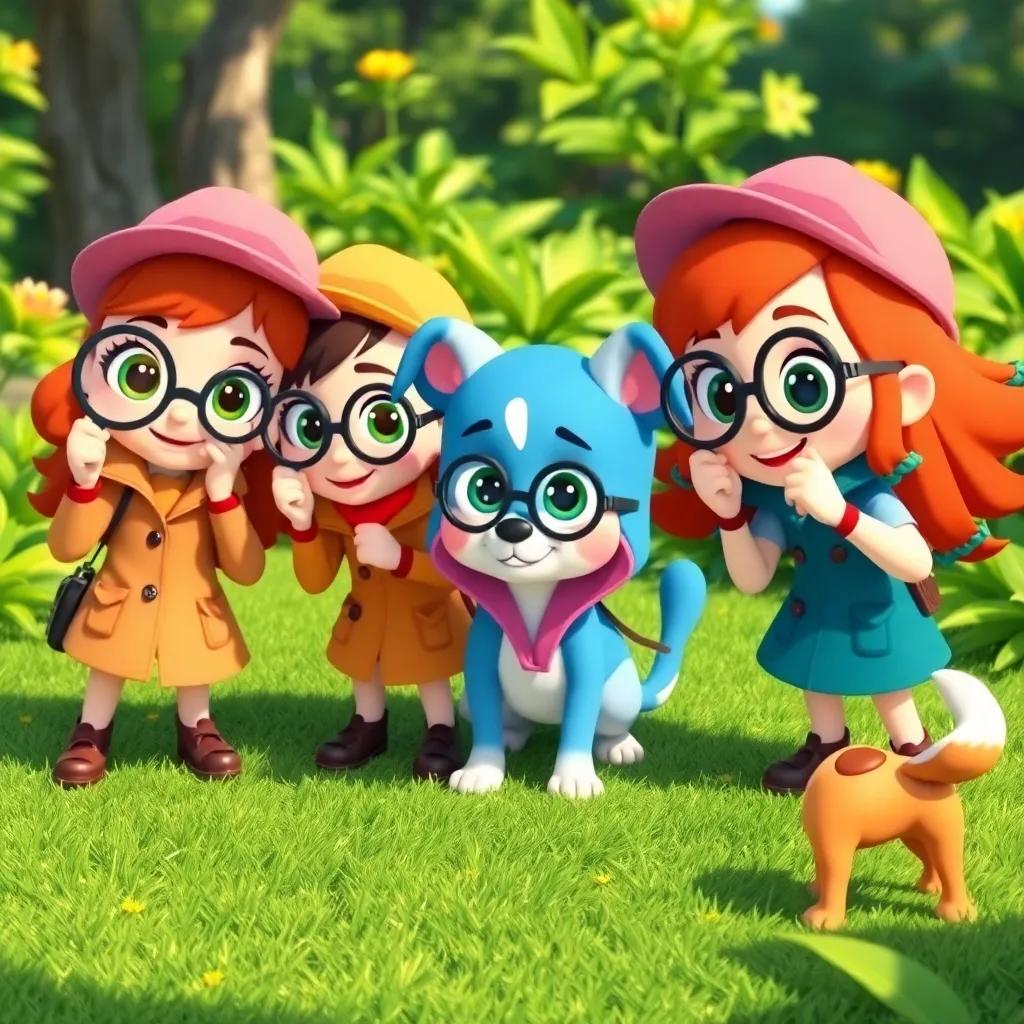 Bella and her friends, dressed in playful detective costumes, magnifying glasses in hand, searching for clues, crouched near a dog with a wagging tail, friendly dog, lush green garden, sunny day, cheerful mood, digital art, lively colors