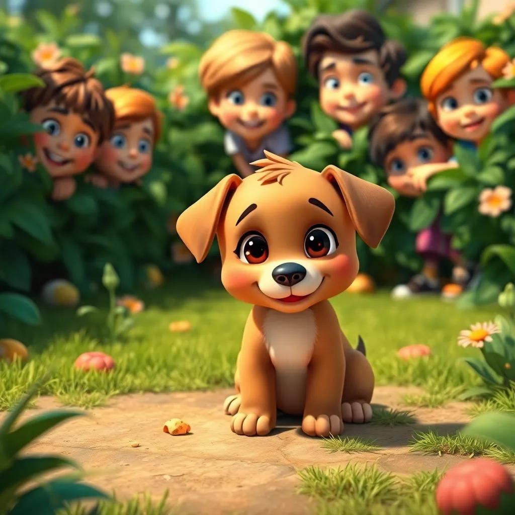 Little puppy Max sitting in the garden, looking innocent, with a few crumbs around, surrounded by kids peeking through bushes, curious expressions, playful scene, vibrant colors, fun atmosphere