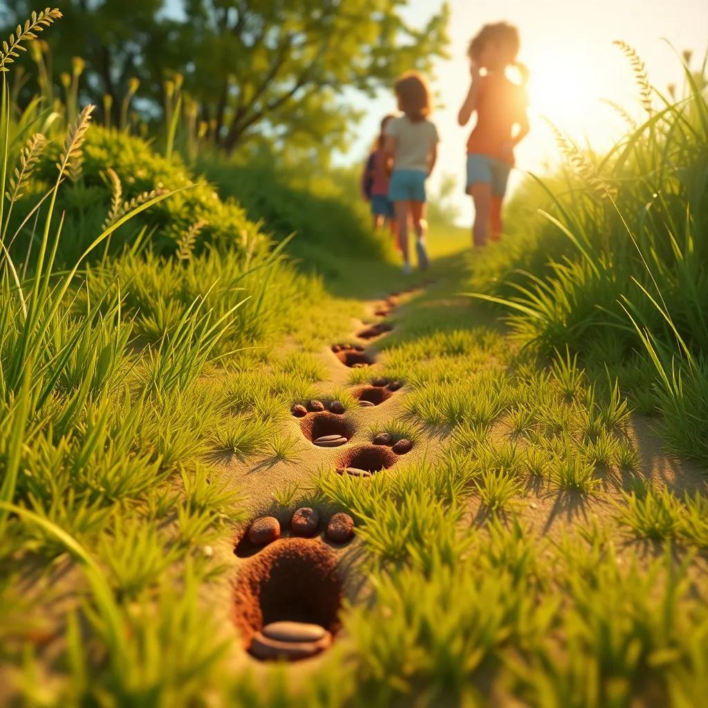 A close-up of tiny footprints in the grass leading to bushes, the sun shining on the trail, with friends looking closely at the tracks, excitement in the air, illustration, detailed, inviting colors