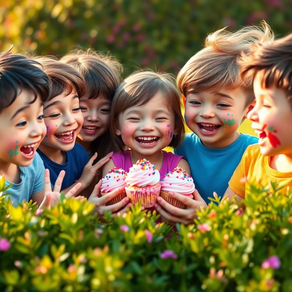 A group of children giggling around the bushes, excited to share cupcakes, with colorful frosting and sprinkles smeared on their hands and faces, joyful expressions, bright background, playful scene, vibrant colors, warm light