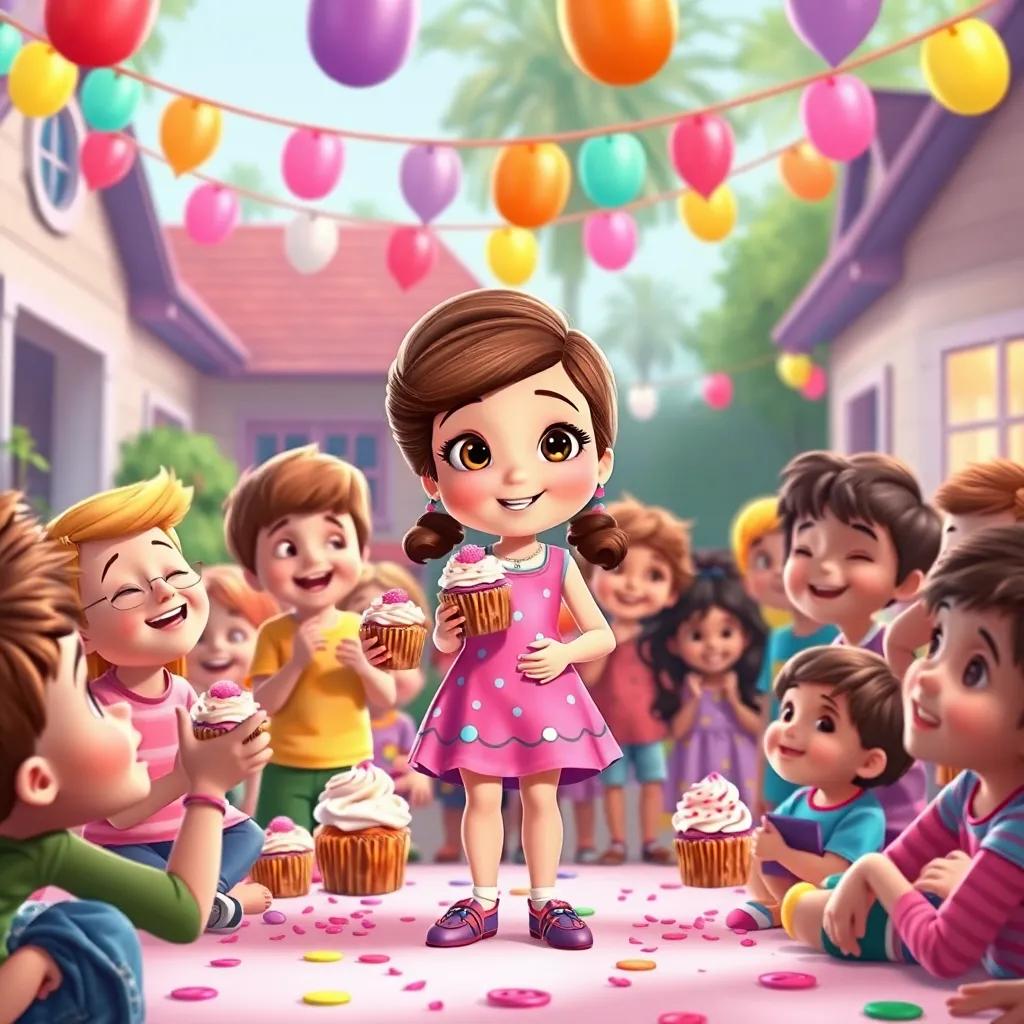 Bella standing at the center of a party with her friends and the neighborhood kids, cupcakes in hand, everyone smiling and sharing, colorful party scene, bright decorations, joyful atmosphere, digital art, high quality