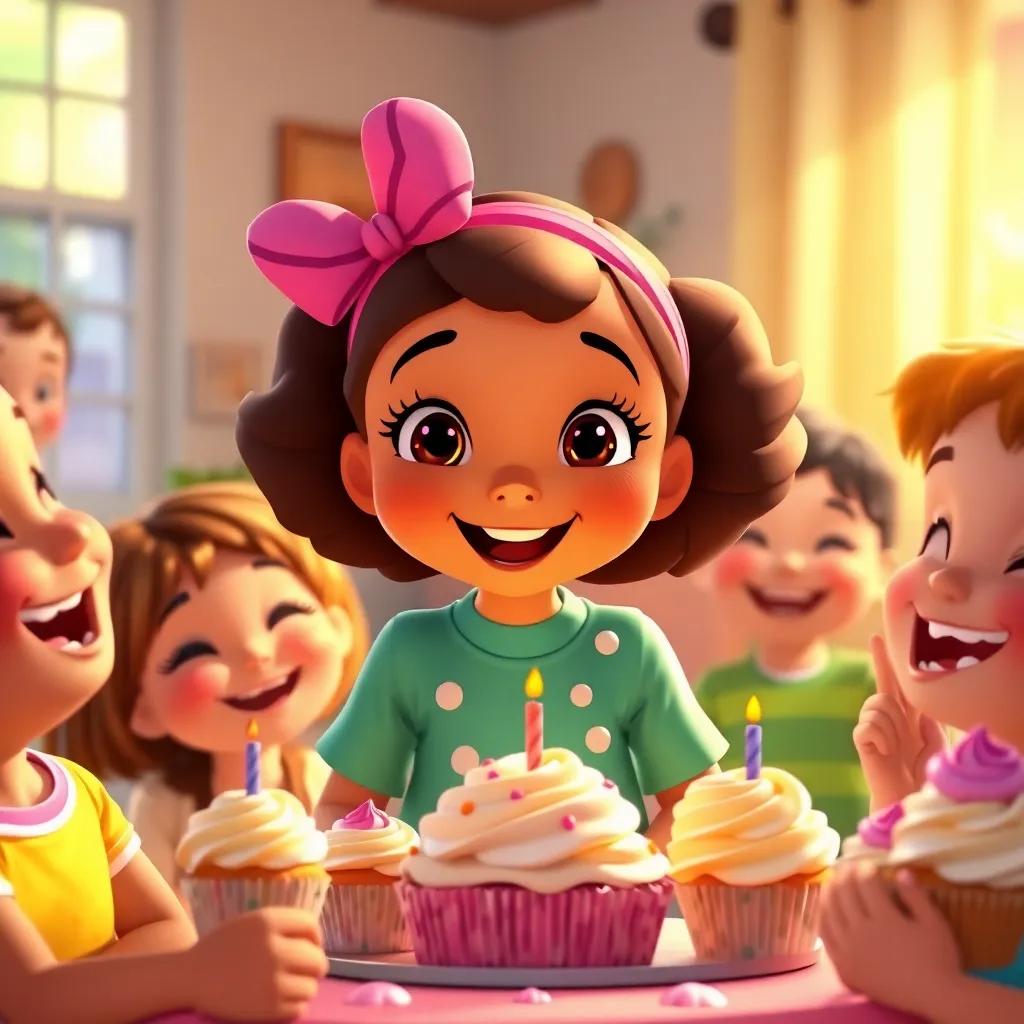 A birthday celebration with Bella happily sharing cupcakes with her friends and new neighbors, children's laughter in the background, warm sunlight illuminating the scene, colorful and cheerful mood, digital illustration, rich colors, uplifting