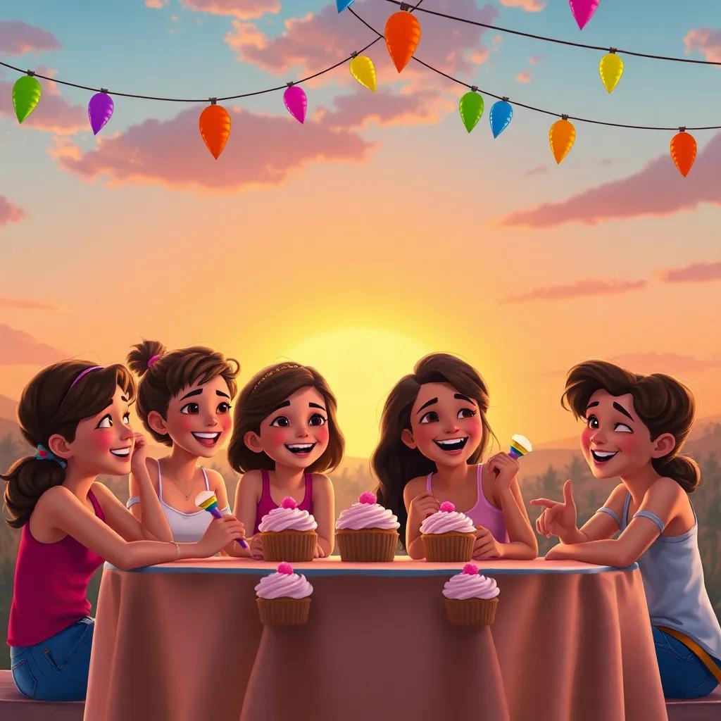 A sunset backdrop with Bella and her friends gathered at a table with cupcakes, laughter and joy on their faces, colorful party decorations swaying gently in the breeze, feeling of togetherness, high-quality digital painting, vibrant colors, warm lighting